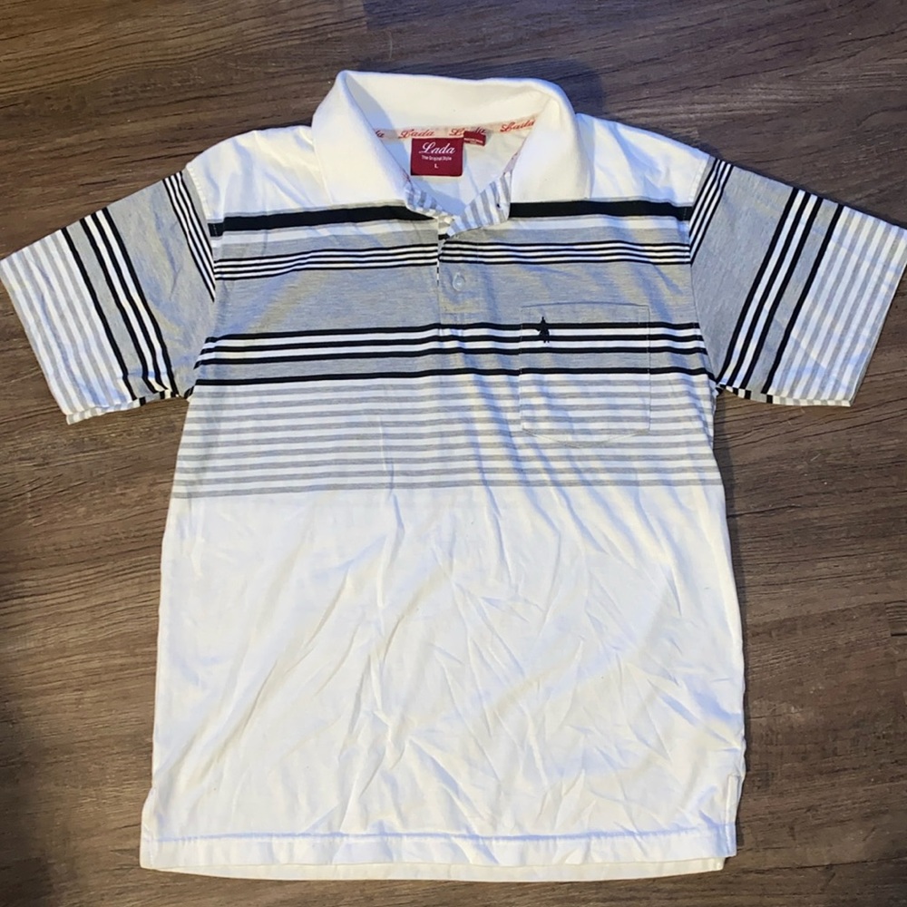 2/$20 Lada Men's Polo Shirt Black White Grey with Stripes size L